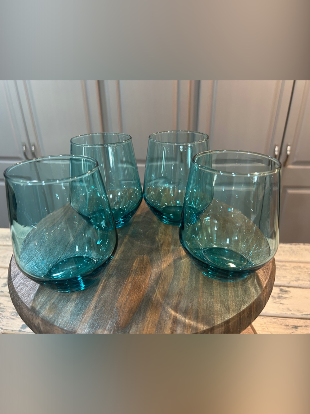 Teal Blue Stemless Wine Beverage Glass or Lowball Tumblers, Set of 4